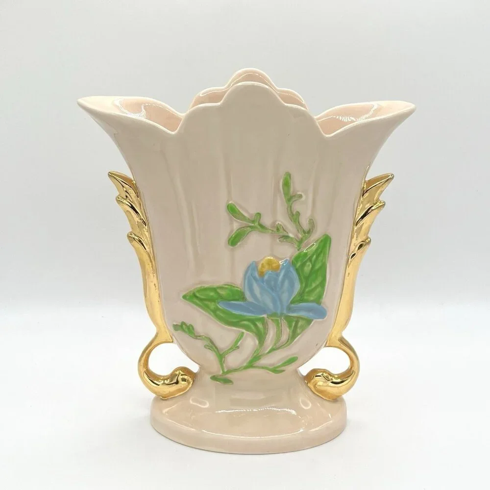 Vintage Hull Pottery Vase USA Art Baby Pink Gold Handles Blue Floral Mid Century